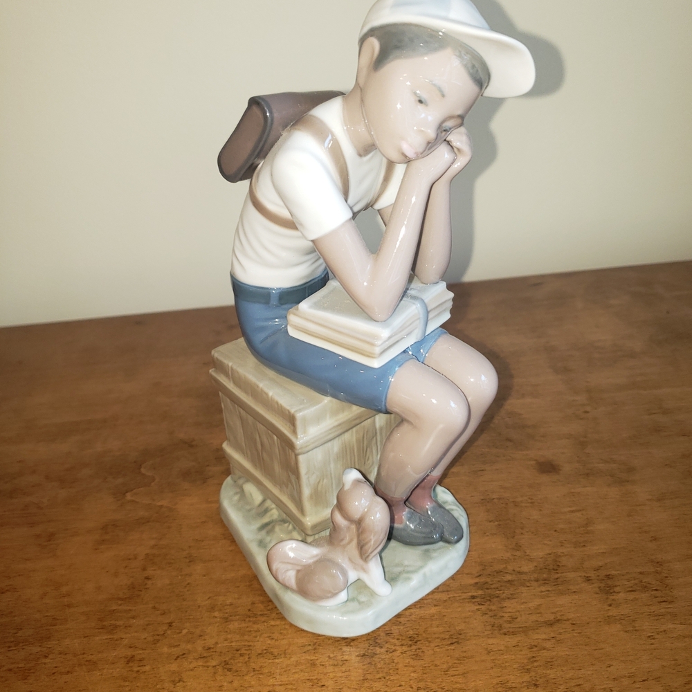Lladro-Vtg/Retired-" Exam Day" #5250- Porcelain Boy with Books and Dog Sculpture